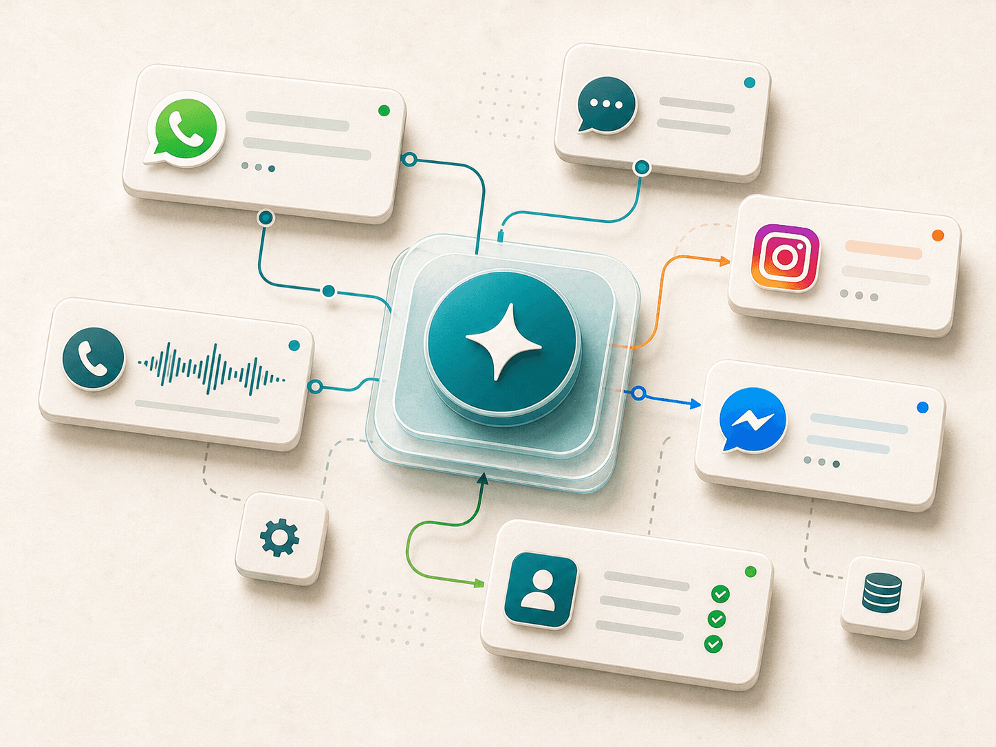 Abstract Brixi AI agent connected to chat, voice, social, web, and CRM channels