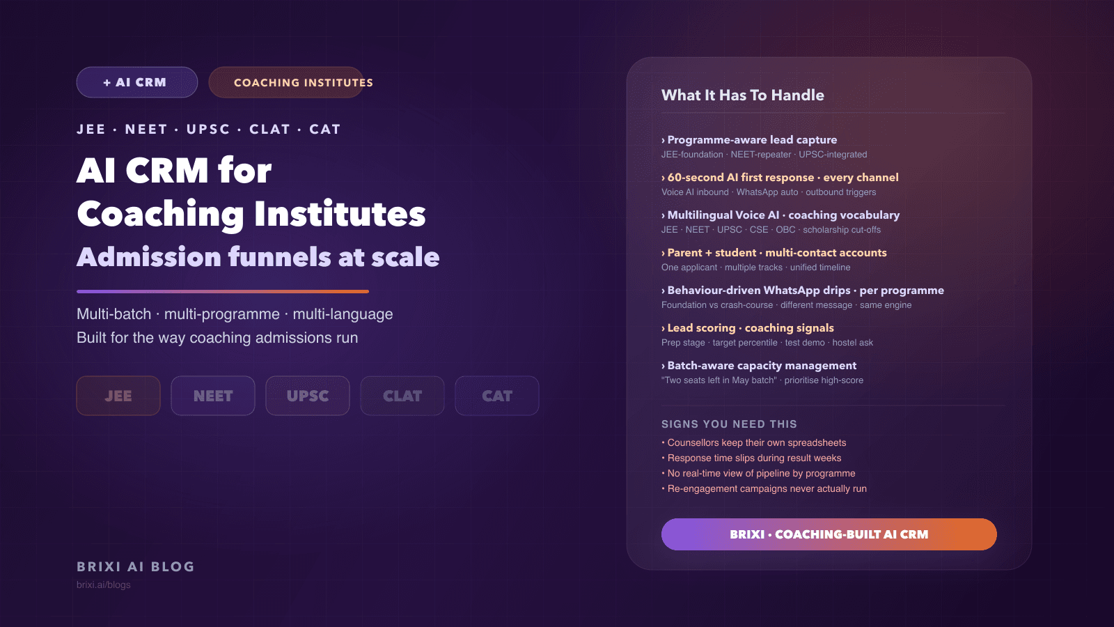 AI CRM for Coaching Institutes: JEE, NEET, and UPSC Admission Funnels at Scale