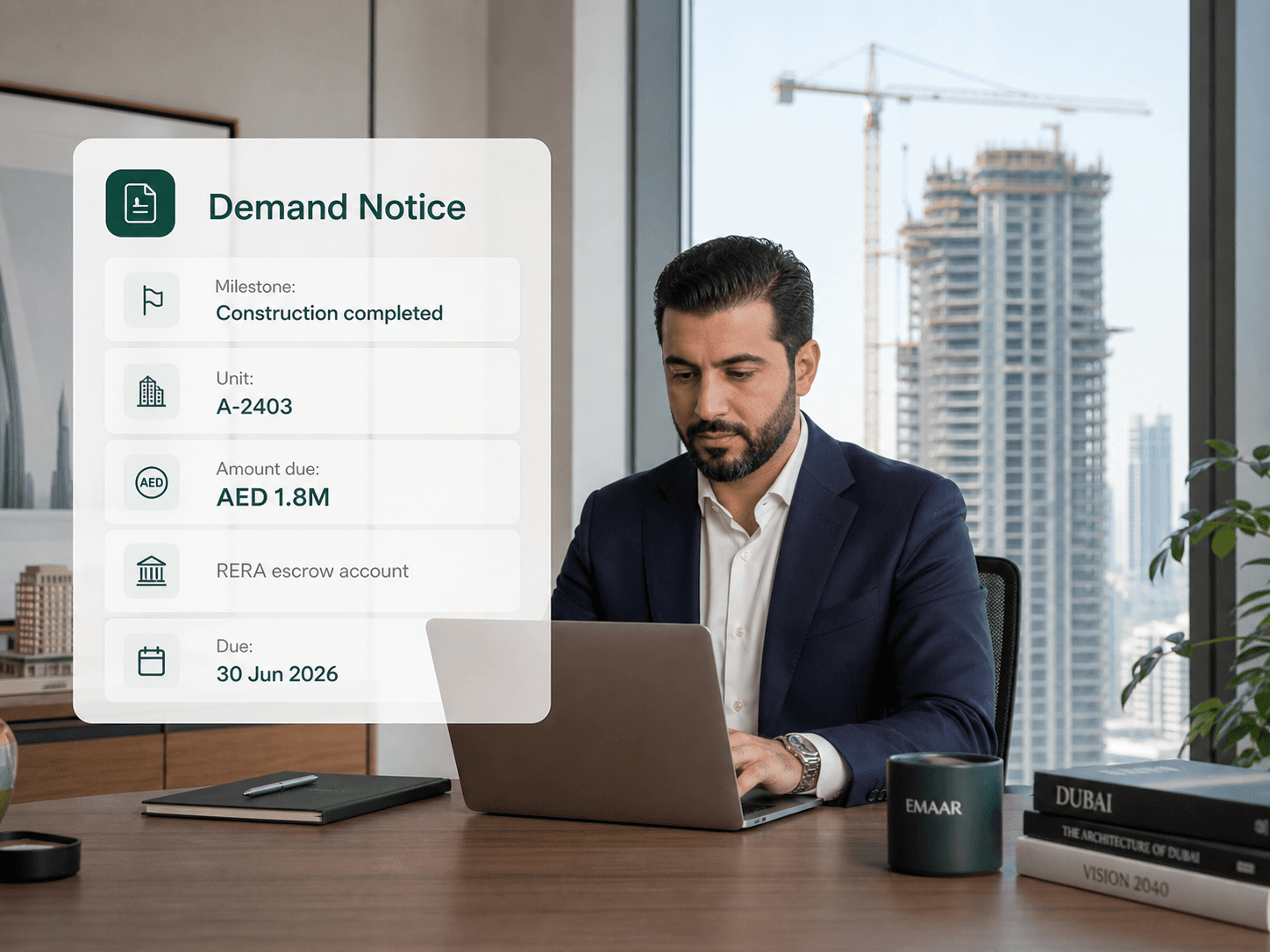 Construction-linked demand notice with RERA escrow for a Dubai unit in Brixi