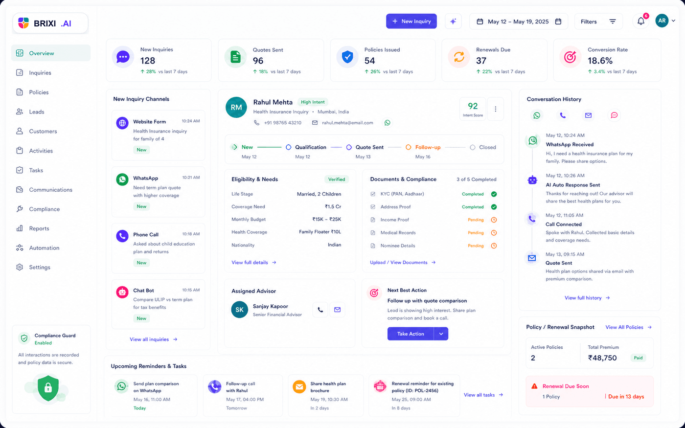 Brixi CRM insurance automation dashboard with advisor routing and quote follow-up workflow