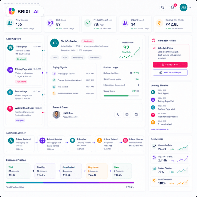 Brixi CRM automation dashboard for SaaS trial signup and B2B demo workflows