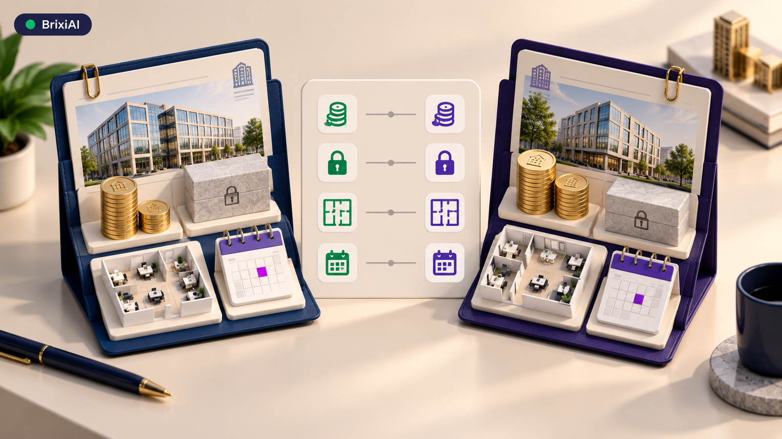 3D commercial lease folders comparing rent, deposits, fit-out details, and break-clause terms.