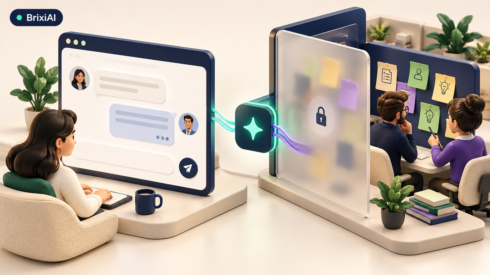 3D private team notes protected behind a divider beside a customer-facing reply.