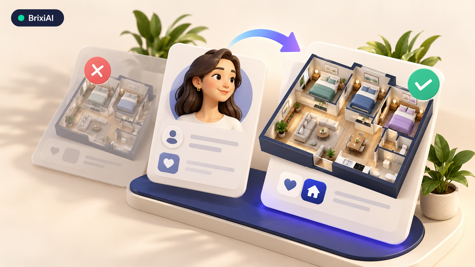 3D customer record replacing an outdated apartment preference with a corrected three-bedroom requirement.