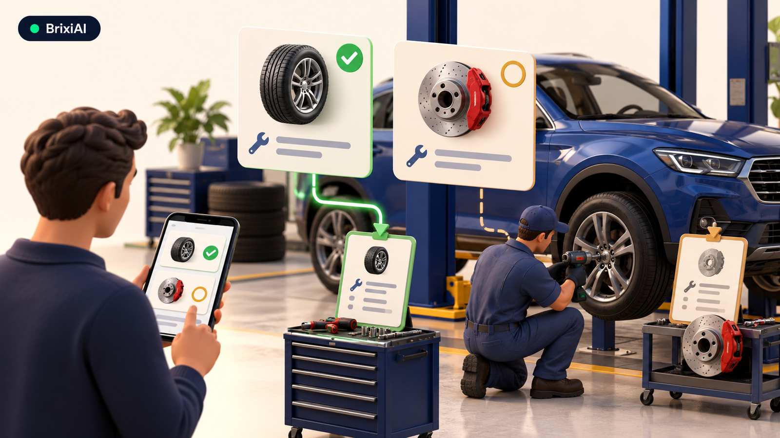 3D automotive repair estimate showing a tire repair approved separately from pending brake work.
