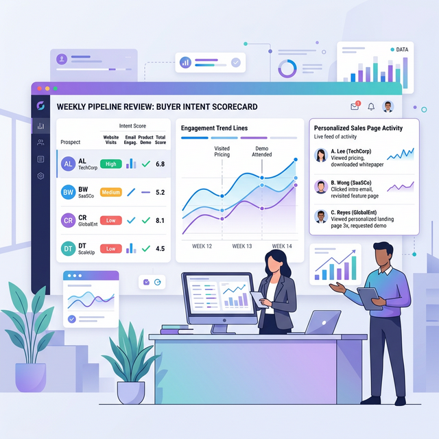 Weekly pipeline scorecard dashboard with buyer intent signals and trend lines