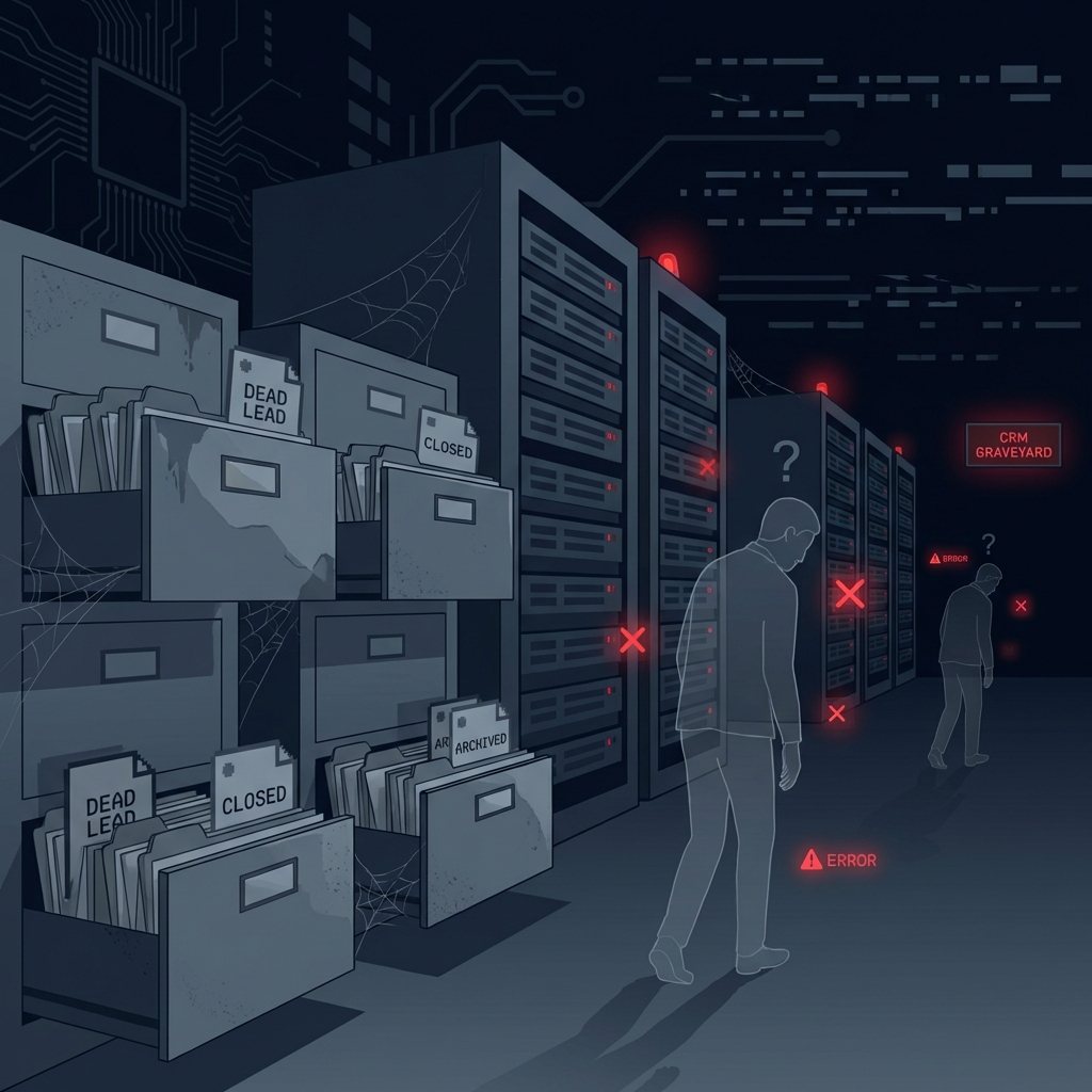 Dark server room illustrating a CRM graveyard of dead leads