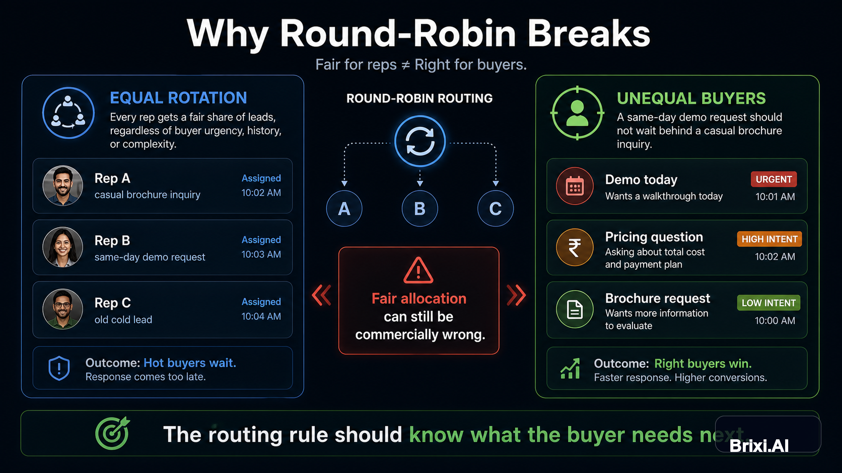 Generated editorial image contrasting equal round-robin rotation with unequal buyer intent.