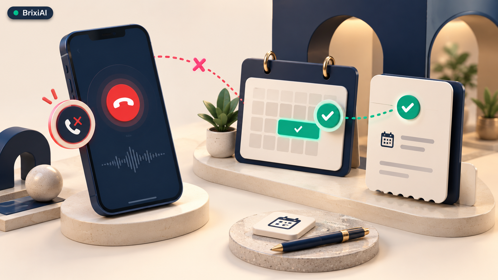 3D disconnected voice call beside independently checked booking and calendar confirmation states.