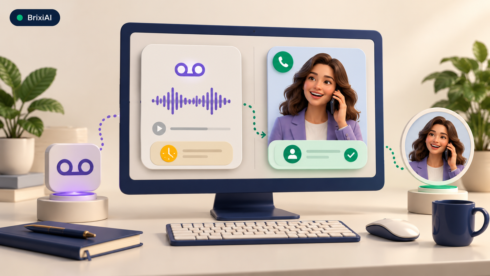 3D voice outreach scene separating a voicemail response from verified contact with a person.